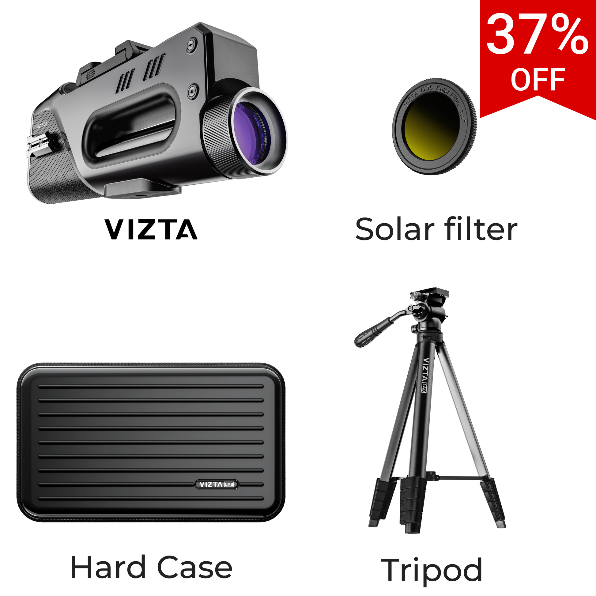 VIZTA telescope set with solar filter, hard case, and tripod